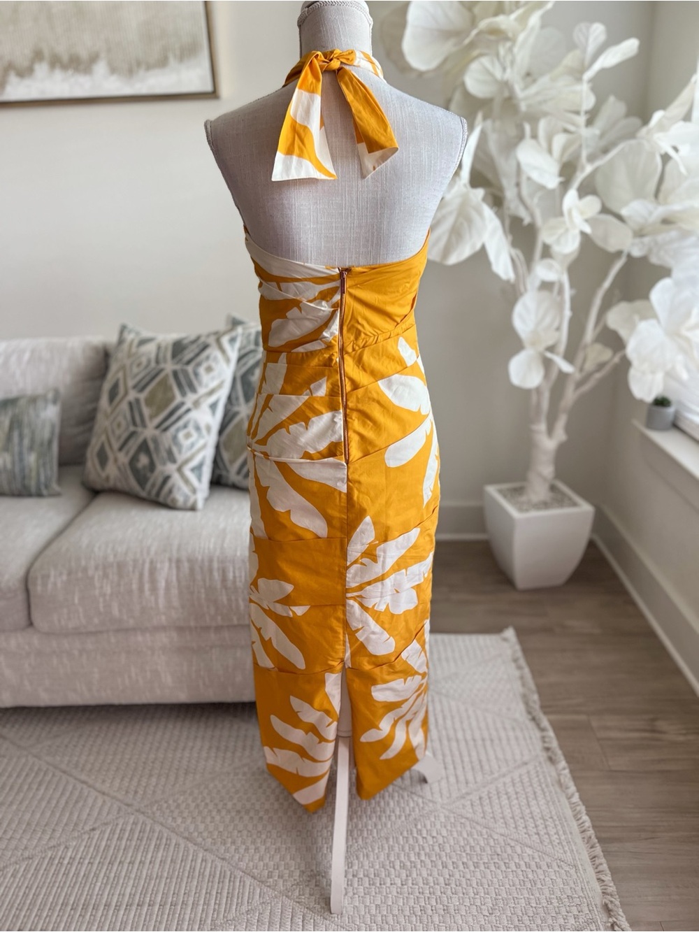 Johanna Ortiz Chiricahua Printed Cotton Poplin Mustard Yellow Halter Dress 2 - Picture 6 of 9